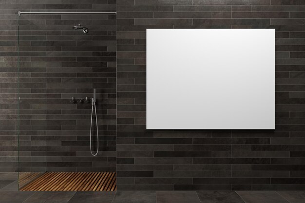 black wooden bathroom interior with a glass wall shower stall in the corner. a horizontal poster on the wall. 3d rendering mock up