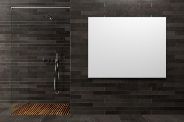 Black wooden bathroom interior with a glass wall shower stall in the corner. A horizontal poster on the wall. 3d rendering mock up