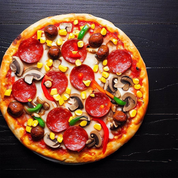 On a black wooden board a pepperoni pizza with mushroom sausages bell pepper olives and corn