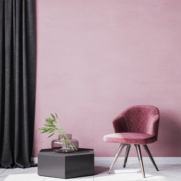 black wooden chair and curtain interior for Stylish reading corner area.Red wall background. Styled stock photography. home decor .