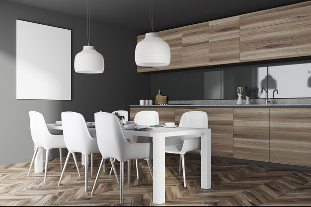 Black and wooden kitchen and dining room corner