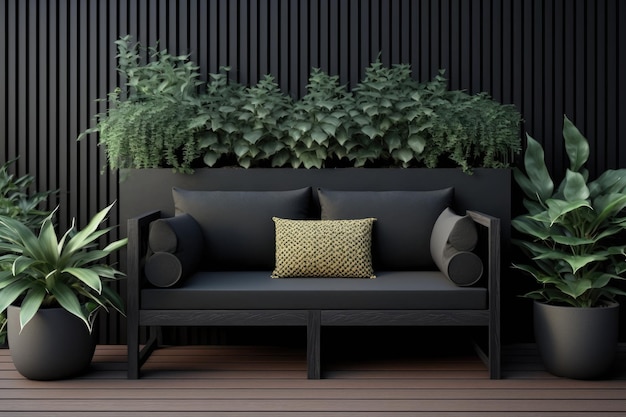 Black wooden outdoor sofa in modern patio with plant pots created with generative ai