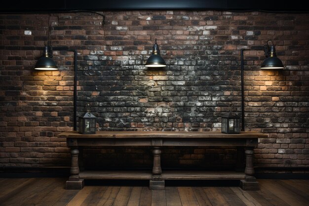 Photo black wooden plank with brick wall