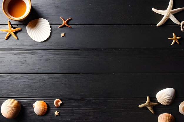 Black wooden surface with starfish and seashells
