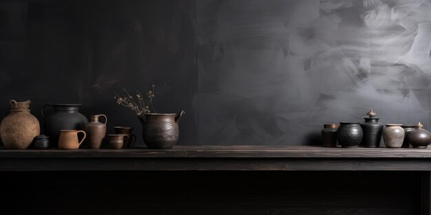 Black wooden table for displaying products in a dark interior