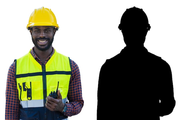 Black worker African male engineer foreman with radio happy smiling isolated on white background