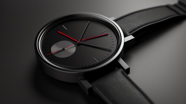 Photo black wristwatch with red second hand and black leather strap