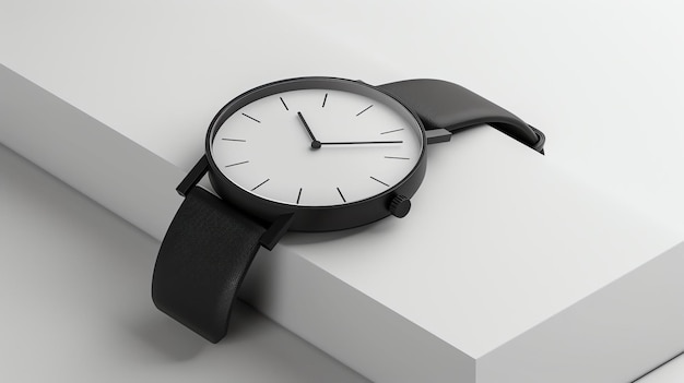 白い背景の白いダイヤルを持つ黒い腕時計.時計は金属で作られ,黒い革のストラップがあります.