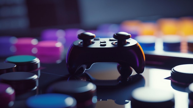 A black xbox controller sits on a table with a purple background