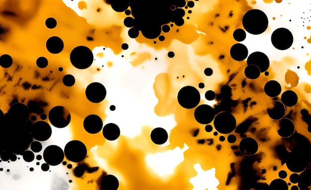 A black and yellow background with black circles and white and yellow paint