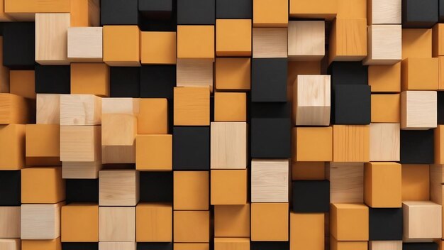 A black and yellow background with a pattern of a wooden cubes with a white and orange background