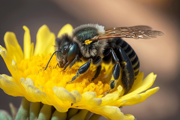 Black yellow bee collects pollen on bee flower created with generative ai