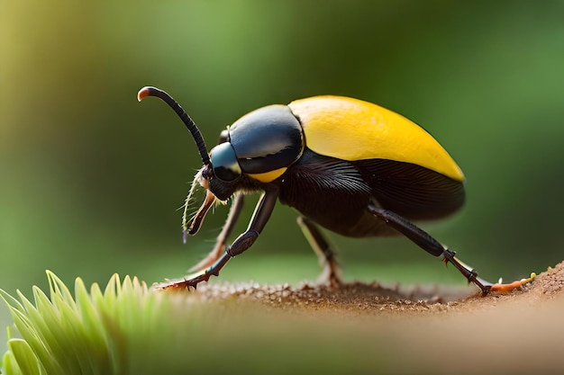 Photo a black and yellow beetle with a black and yellow body is walking on a piece of wood.