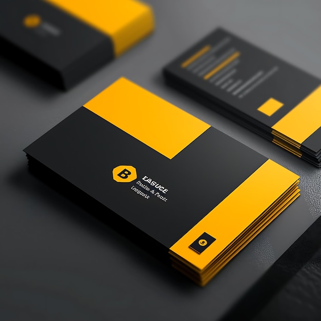 Black and yellow business card on a dark background