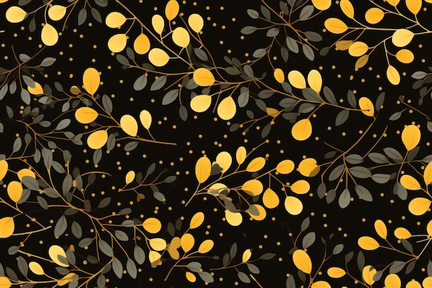 a black and yellow floral pattern with leaves