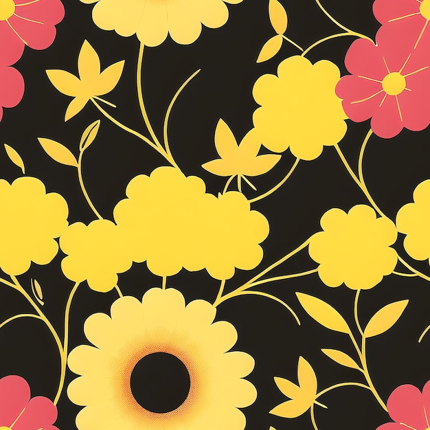 A black and yellow floral pattern with yellow and red flowers.