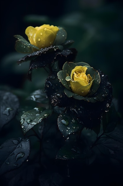 A black and yellow flower with rain drops on it