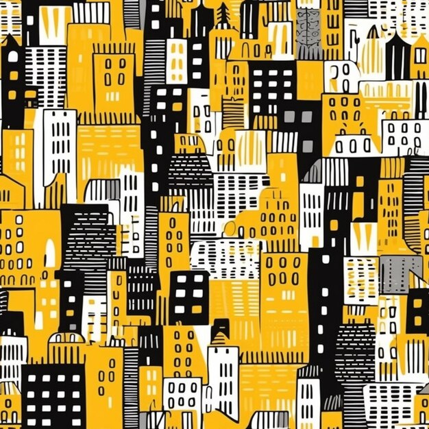 A black and yellow illustration of a city with a lot of buildings