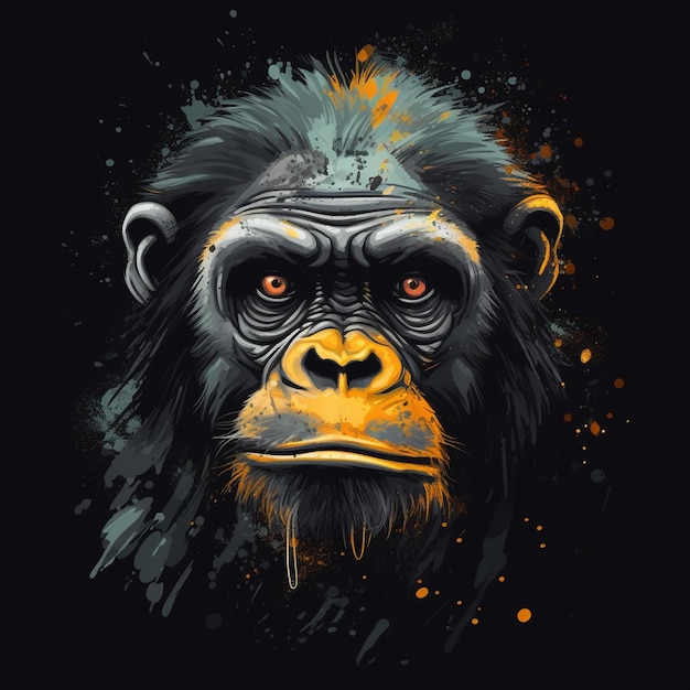 A black and yellow image of a gorilla with orange eyes.