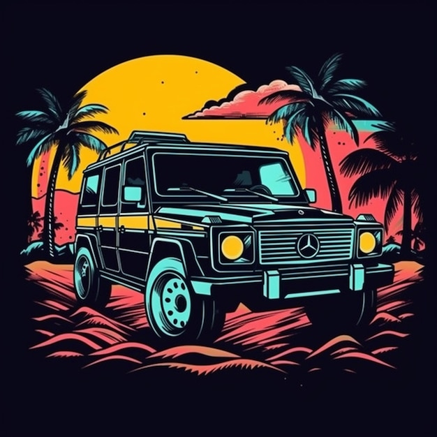 A black and yellow jeep parked in front of a sunset generative ai