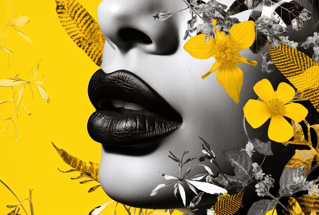 A black and yellow kiss with plants as a background in the style of popart inspired graphic design