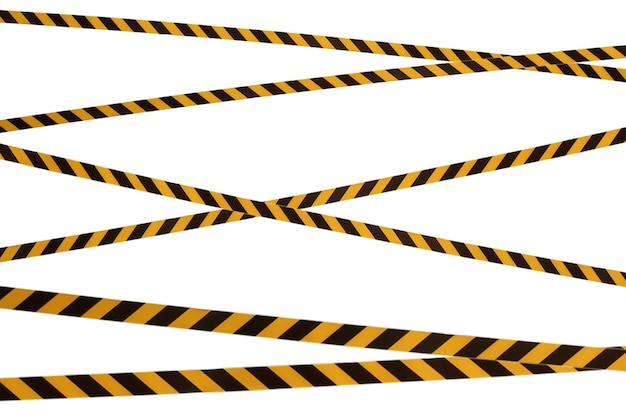 Black and yellow lines of barrier tape prohibit passage. Barrier tape on white isolate. Barrier that prohibits traffic. Warning tape. Danger unsafe area warning do not enter. Concept of no entry