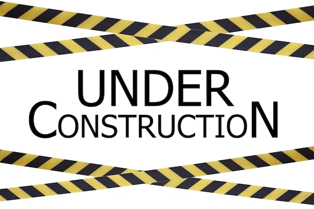 Under Construction 제목이 있는 검은색과 노란색 배리어 테이프. 흰색 격리에 테이프입니다. 교통을 금지하는 장벽. 경고 테이프. 위험 위험 구역 경고는 들어가지 않습니다. 출입금지의 개념