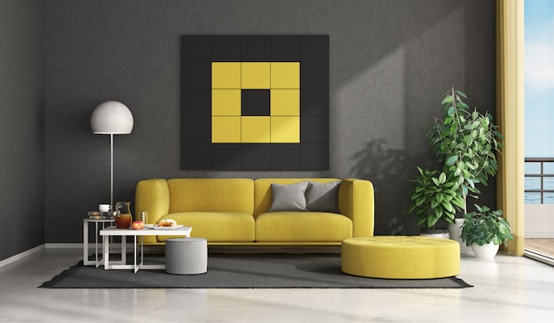 검정색과 노란색 현대 거실