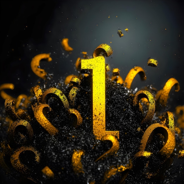 Черно-желтая цифра 1, окруженная золотыми буквами.