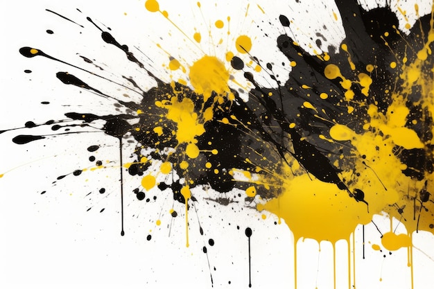 Black and yellow paint splatters on a white background