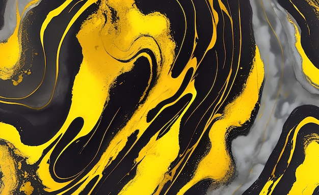 A black and yellow painting with a black and yellow swirls.