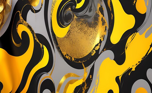 A black and yellow painting with gold swirls and black and white swirls