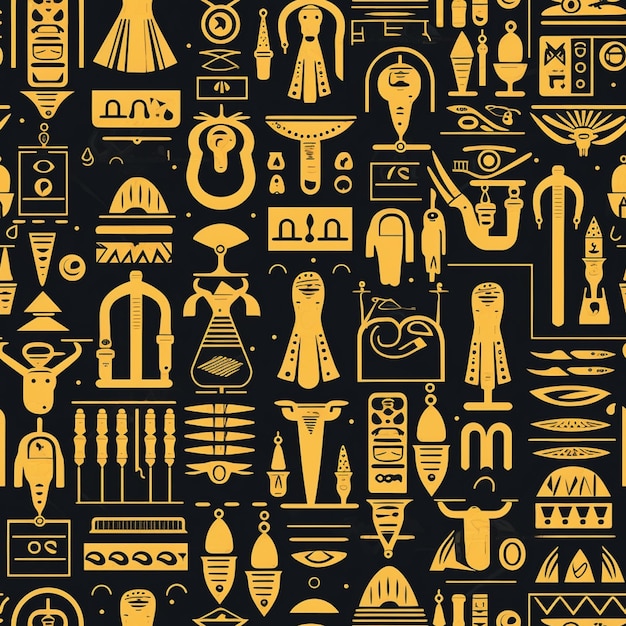 A black and yellow pattern with different symbols of african culture.