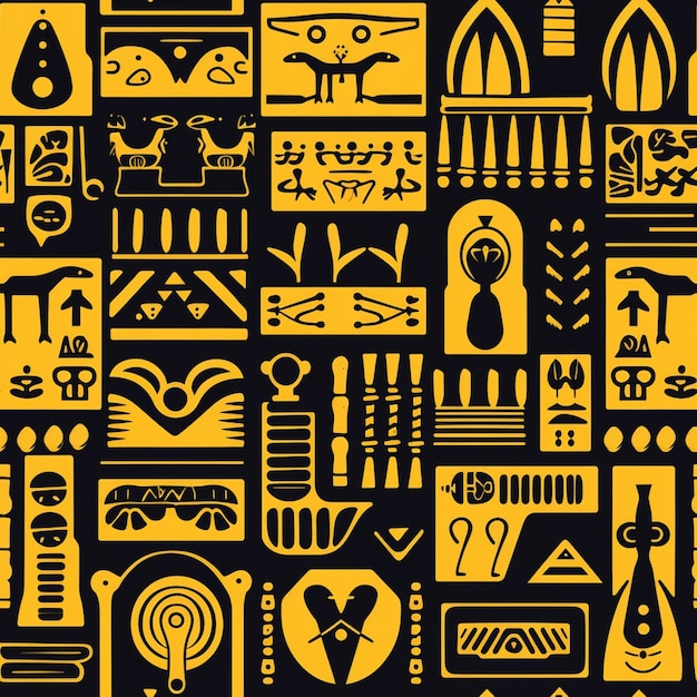 A black and yellow pattern with different symbols including a lion, a lion, a lion, a lion, and a lion.