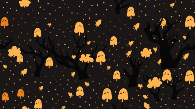 Photo a black and yellow pattern with trees and ghosts