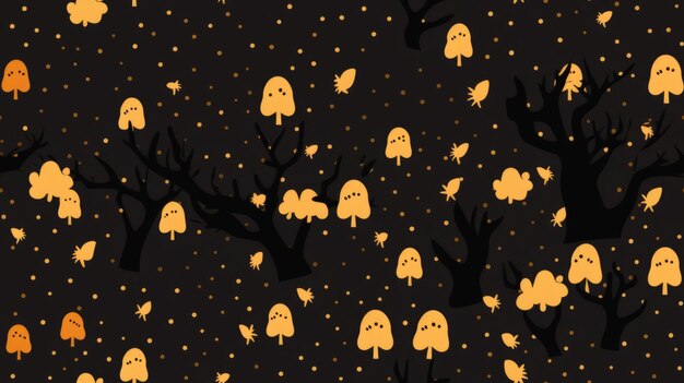 a black and yellow pattern with trees and ghosts