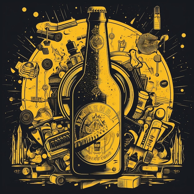 a black and yellow poster of a bottle of beer with a yellow label that says'lager'on it.