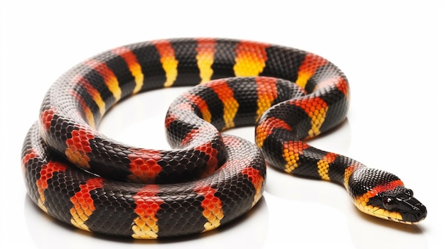 A black and yellow snake with a red stripe on its tail