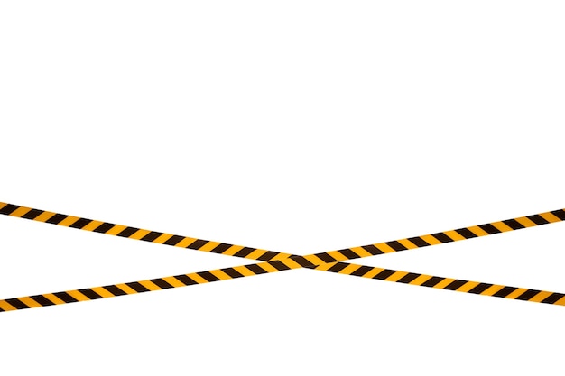 Photo black and yellow warning lines of barrier tape prohibit passage. barrier tape on white isolate. barrier that prohibits traffic. danger unsafe area warning do not enter. concept of no entry. copy space