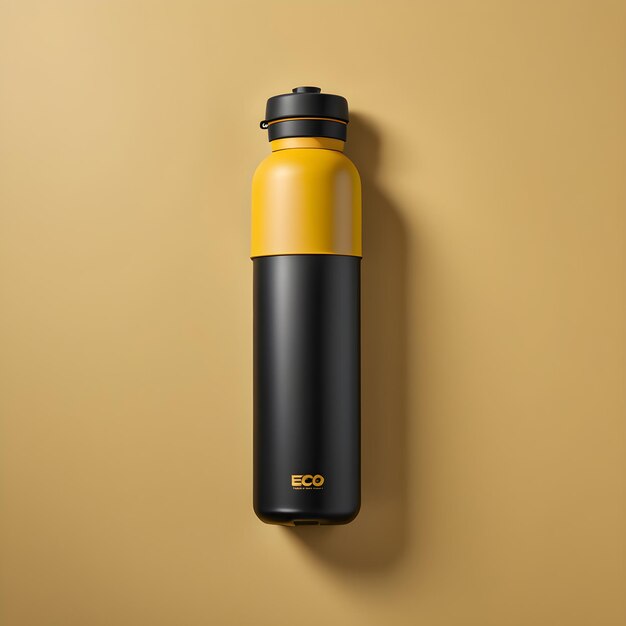 black and yellow water bottle mockup on beige background