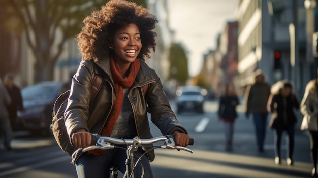 젊은 흑인 콘텐츠 제작자 여성이 도시에서 자전거를 타고