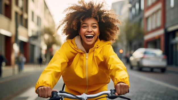 Foto giovane donna nera creatrice di contenuti in bicicletta in città