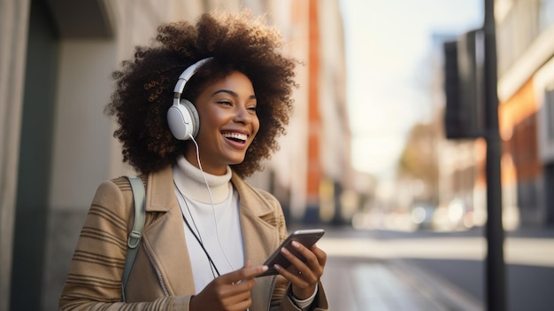 Black young content creator woman wearing headphone in the city