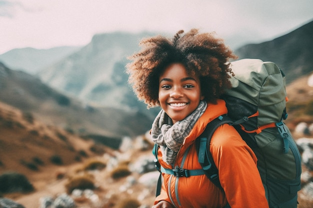 Photo black young girl walking on mountain top