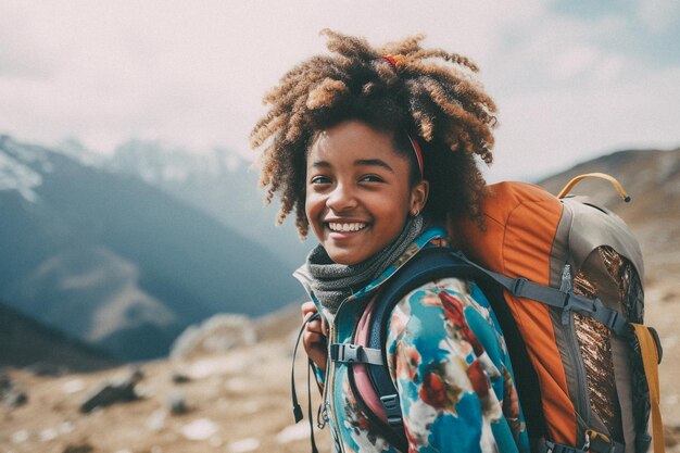 Black young girl walking on mountain top