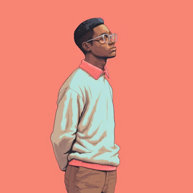 Black young man in thinking and doubts illustration Male hipster character with dreamy face on abstract background Ai generated bright drawn colorful poster