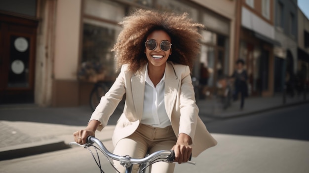 Black young stylist woman cycling in the city