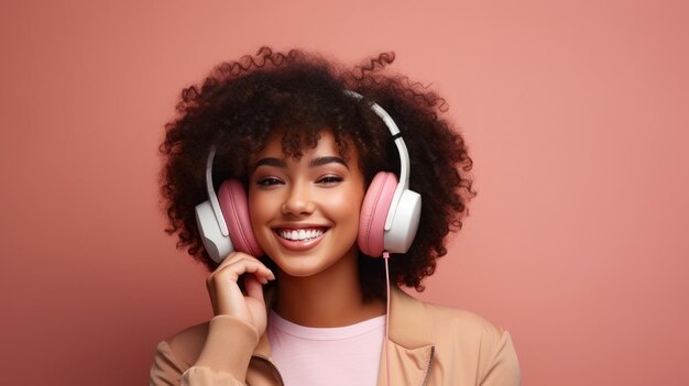 흑인 젊은 여성 콘텐츠 제작자 파스텔 배경에 헤드폰을 착용하여 즐겁습니다.