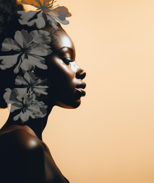 Photo black young woman flowers in head concept of mental health double exposure