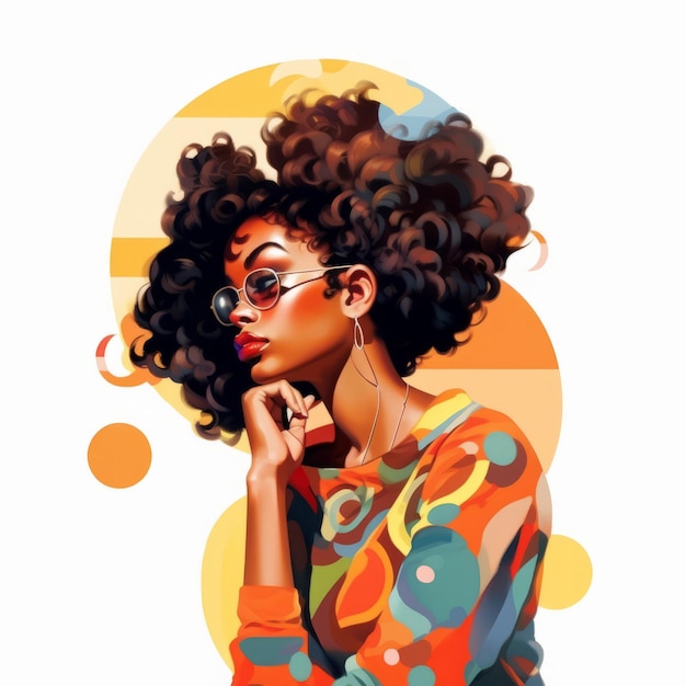 Black young woman in thinking and doubts illustration Female hipster character with dreamy face on abstract background Ai generated bright drawn colorful poster